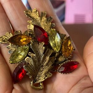 Vintage Autumn Leaf Brooch with Multicolor Gemstones